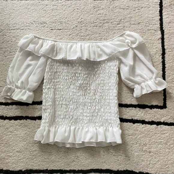 BOOHOO White Shirred Off Shoulder Puff Sleeve Top - Picture 4 of 6